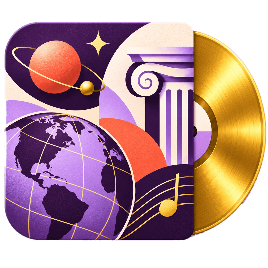 The Humwork app art: a paper-cut album sleeve with a globe, a planet and a column, and a gold record