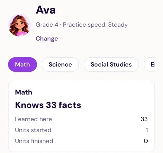The grown-ups report in Humwork: Ava, Grade 4, Math, Knows 33 facts