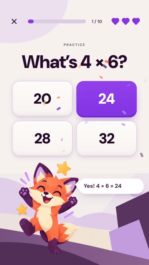 A practice check asking “What’s 4 × 6?” with 24 picked and “Yes! 4 × 6 = 24” on screen